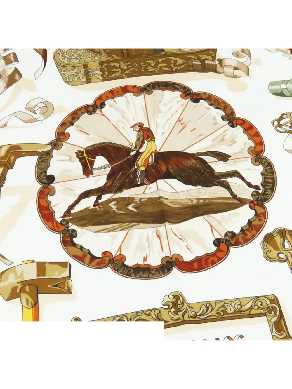 Hermes Carre 90 Beige Brown Silk Copeaux Sawdust Horse Pattern Tool Scarf